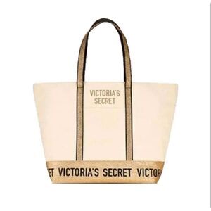 Victoria’s Secret Tote Bag Gold Glitter Cream Travel Beach Bag NEW